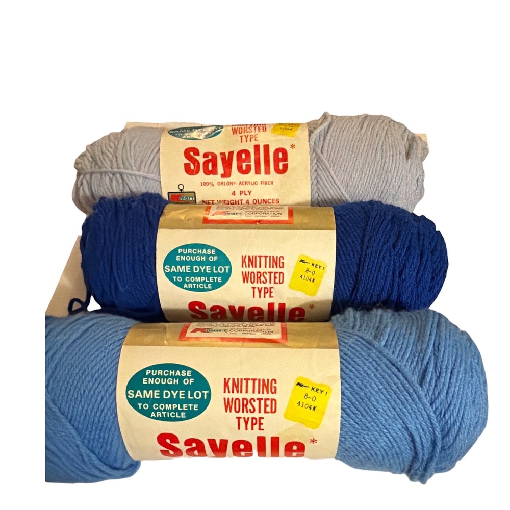 Sayelle Worsted Yarn Lot 3 Blue 100% Orlon Acrylic 4 Ply 4oz‎ Skeins Kmart